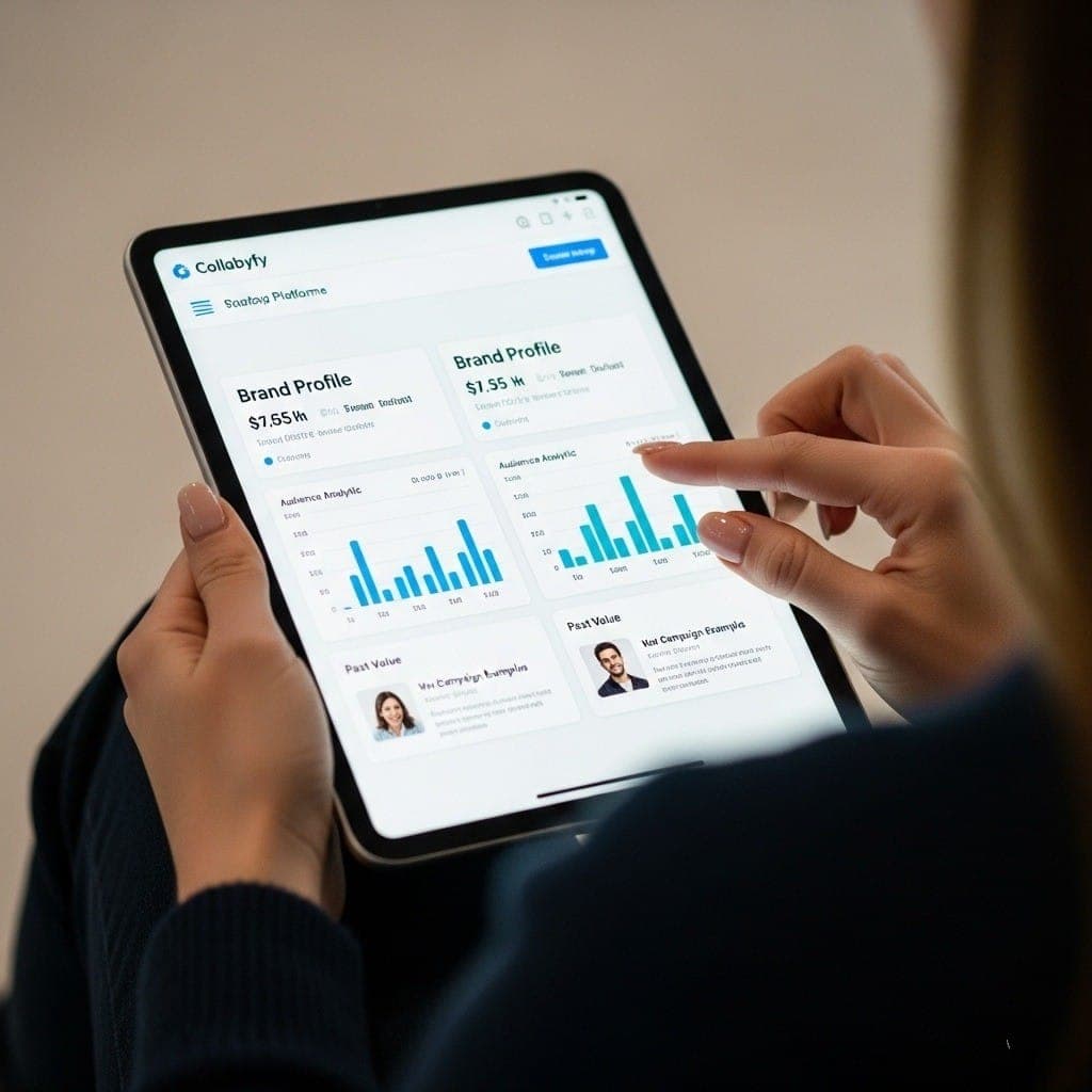 Illustration of an influencer searching for brands on a sleek laptop interface