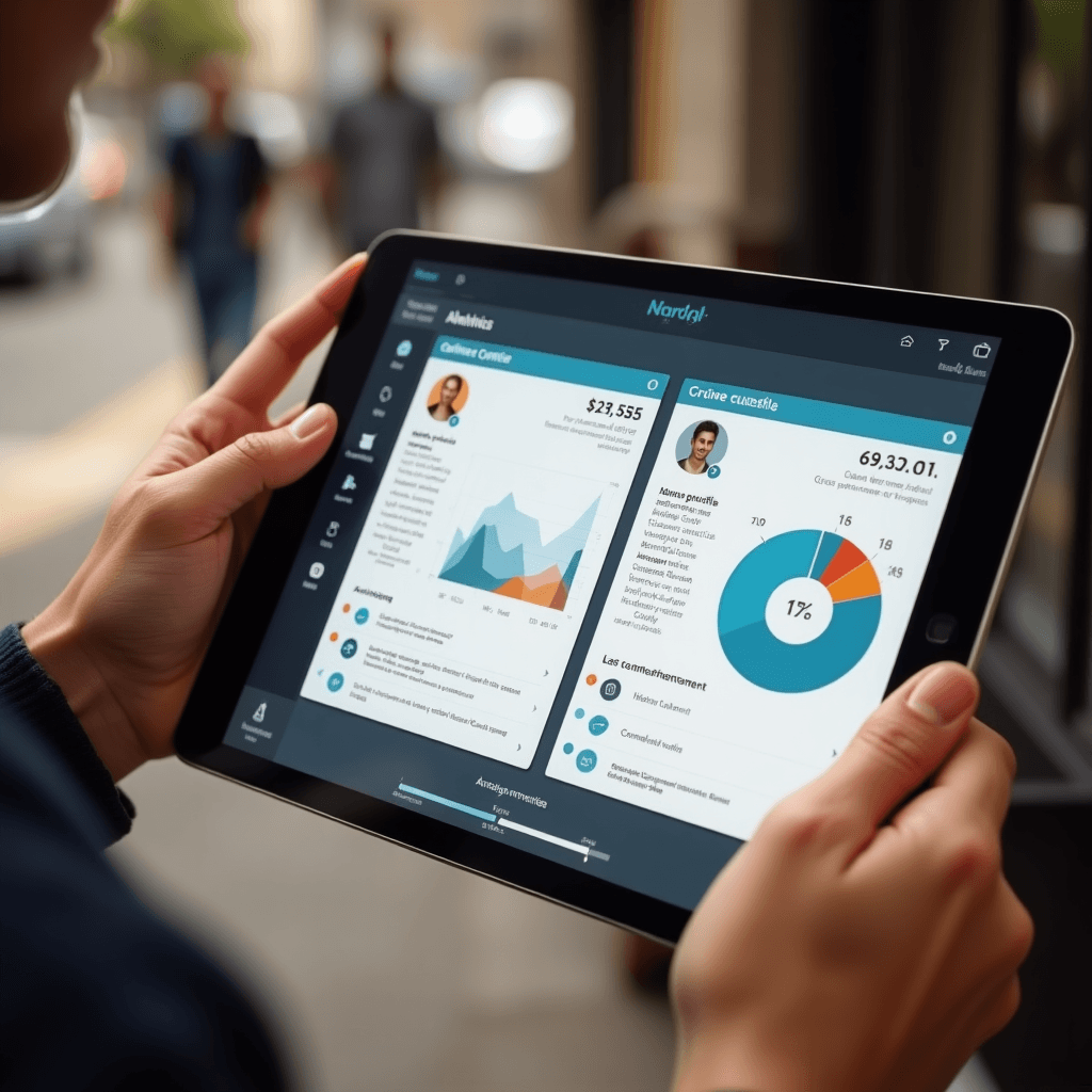 Illustration of comparing detailed brand profiles on a tablet screen